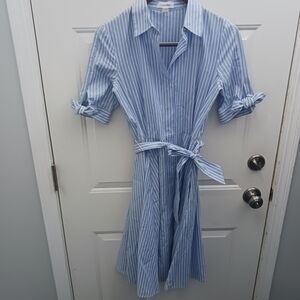 Women’s Blue Stripe Shirt Dress with Tie Waist